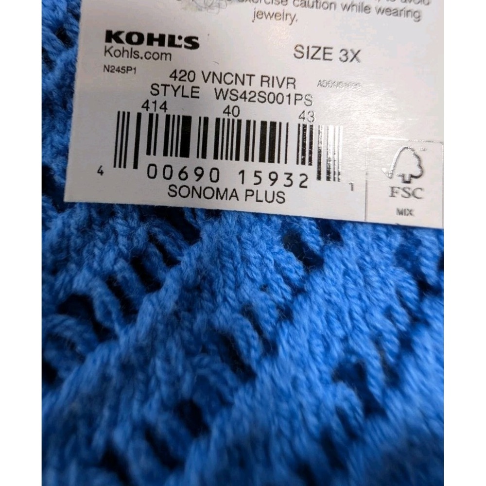 Sonoma Women's Blue V-neck Crochet Cardigan Button Front Long Sleeve Size 3X - Picture 8 of 9